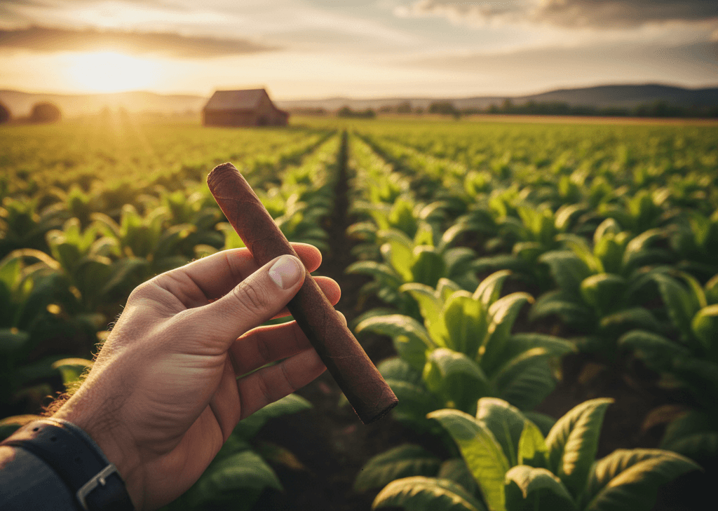 Hand holding premium cigars in tobacco field at sunset